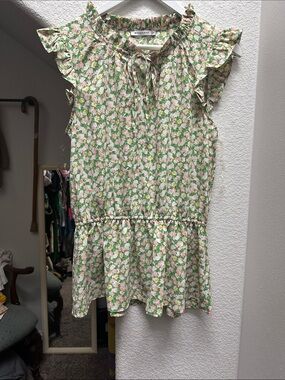 Staccato Pink and Green Floral Ruffle-Sleeve Peplum Tunic